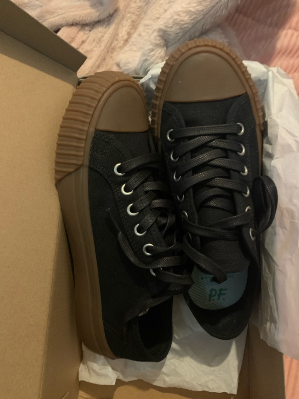 P.F. Flyers Black Canvas Sneakers with Brown Rubber Toe and Sole